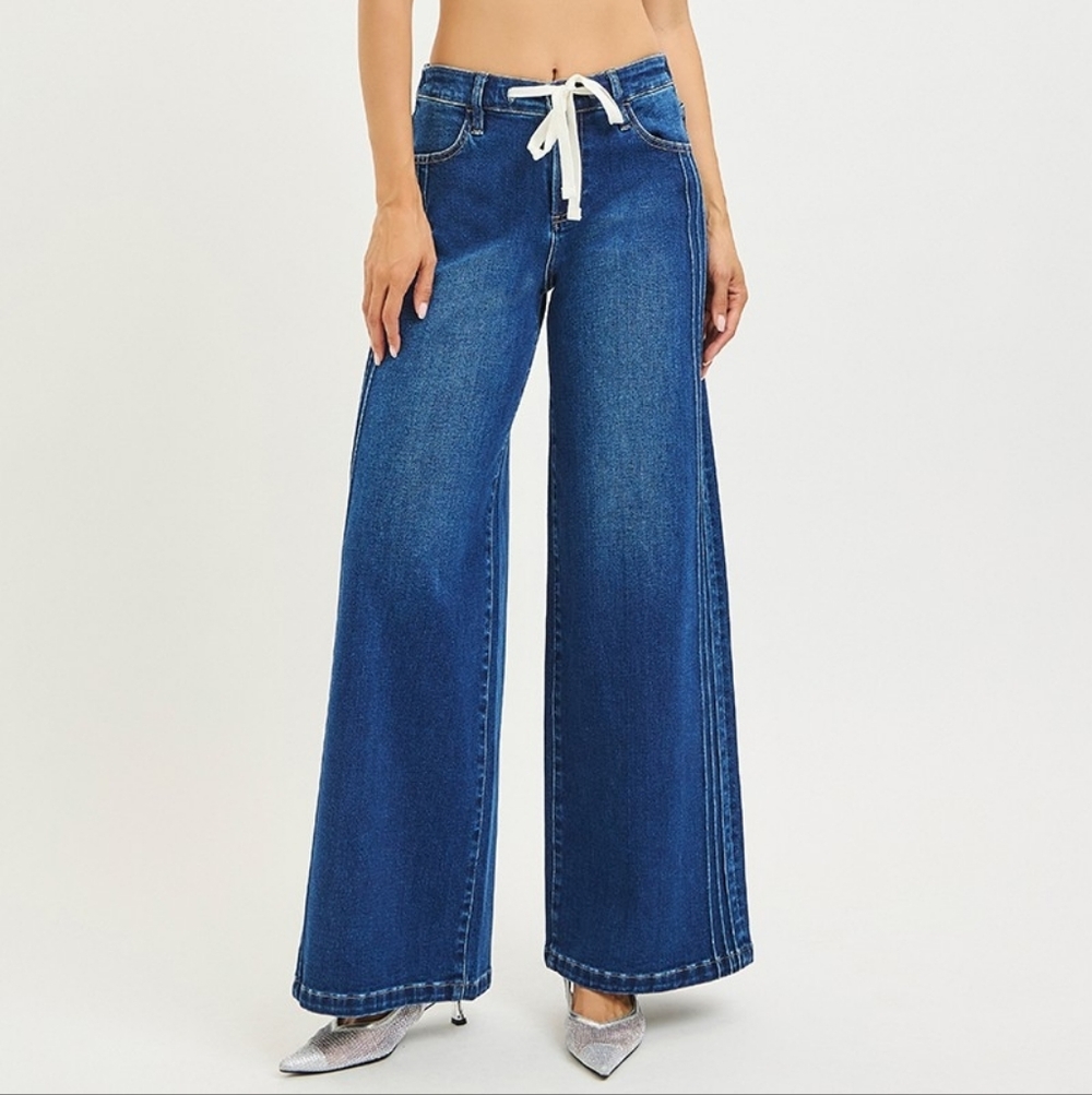 Wide-Leg Blue Jeans with White Drawstring
